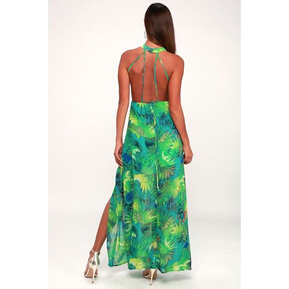Lulu’s Dress Tropic of Discussion Green Tropical Print Maxi Open Back Size L - Picture 9 of 14